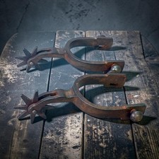 Pair Vintage Cast Iron Cowboy Spurs Old West Style Antique Finish Rustic Decor picture