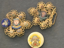 antique SHRINERS pair brass clips EGYPTIAN PHARAOH ENAMEL DETAIL W/CELLULOID PIN picture