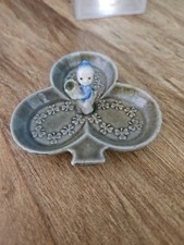 Irish Fairy Ring Dish Blue Green Irish Pottery Clover Shaped Trinket Ireland  6A picture