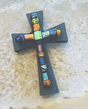 SPECTACULAR UNIQUE FUSED DICHROIC WALL CROSS-MOUNTED ON WOOD CROSS & HAND ETCHED picture