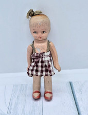 Vintage Japan Bisque Doll Painted Top Knot Tie Knot Hair Jointed Arms Gingham 4