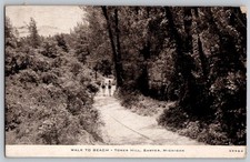 postcard walk to beach tower hill Sawyer Michigan vintage 1943 picture