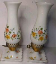Vintage Handpainted/Floral Milk Glass Hurricane Lamps Pair Of 2 picture