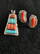 Stunning Sterling Silver Turquoise and Red Coral Pendant and Red Coral Earrings picture