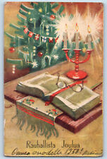 Suomi Finland Postcard Have a Peaceful Christmas Christmas Tree Candle c1920's picture