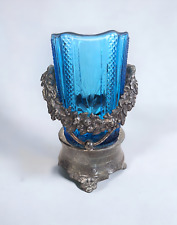 Antique Azure Blue Diamond Point Loop Celery Vase with Victorian Ornate Holder picture