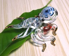 Blue Milk Octopus figurine handmade blown Glass art gild 2.75