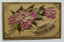 Antique Embossed Many Happy Returns Pink Floral Greeting Postcard E4 picture