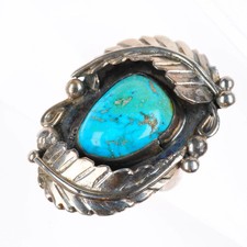 sz9.5 big vintage Navajo sterling silver feather ring with nice turquoise picture