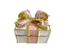 Bejeweled Pink Gift Box w Bow Hinged Metal Enameled Crystal Trinket box picture