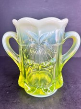 Vaseline Topaz Opalescent Glass Spooner Vase W Handles Cherry Cable by Mosser picture