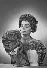 Woman with two display models wearing wigs circa 1960 Historic Old Photo picture