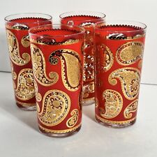 Vintage Set Of 4 Culver Red and Gold Paisley High Ball Glasses Regency Boho MCM picture