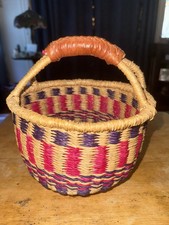 Vtg African Ghana Bolga Small Woven Market Basket Leather Wrapped Handle picture
