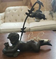 Vintage Solid Brass Lamp - Child Laying with 2 Chickens - European Plug  picture