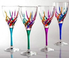 Venetian Carnevale Hand Painted Italian Crystal Wine Glasses Set of 4 Stemware picture
