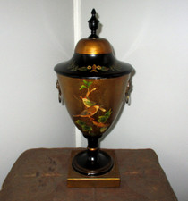 French Provincial URN Hand Painted TOLEWARE Birds & Flowers Design Lion Handles picture