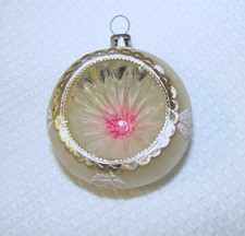 Vintage Pink Indent Reflector Feather Tree Ornament - Gold Scallop Foil Trim picture