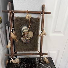 Vintage Native American Indian Dream Catcher Art with chief wolf fur &3 D style picture