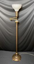 Antique Art Deco Metal Swing Arm Torchiere Floor Lamp Opaline Glass Gilt Iron picture