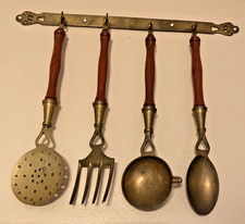 Vng Set Of 4 Brass and Wood Cooking Utensil Hanging Bar Decorative MCM picture