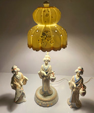 Porcelain Vintage Geisha Figurine Table Lamp w/ Shade, 2 Additional Figurine Set picture