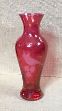 Vintage Pink Fuchsia Etched Frosted Bird Glass Vase MCM picture