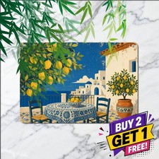 Blue White Terrace Architecture Mediterranean Lemon Courtyard Metal Tin Plaque picture