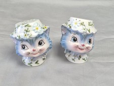 Vintage Lefton Miss Priss Blue Kitty Cat Salt&Pepper Shakers Floral Bonnet 1511 picture