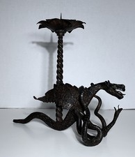 Antique WROUGHT IRON GARGOYLE DRAGON & SNAKE Candle Holder ITALIAN SIGNED picture
