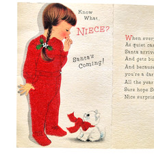 Vintage GIRL w/ CAT Christmas Card Flocked Pajamas & Santa Vtg 1960s 1970s picture