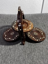 Clam shell Inlayed wood Folding Pedestal Table Serving Tidbit Tray Antique Vtg picture
