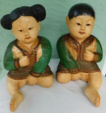 Pair Frederick Cooper Carved Sitting Wood Chinese Boy & Girl Statues N mark picture