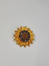 Sunflower Brooch Pin Gold Colored Petals Black & Amber Faceted Faux Gems picture