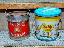 Lot Of 2 Advertising Tins King Syrup And Shedds Peanut Butter Buckets 1950s  picture