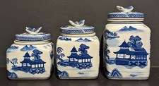 Set of 3 Vtg Chinese Blue & White Oriental Graphic Container Jars Butterfly Lid picture