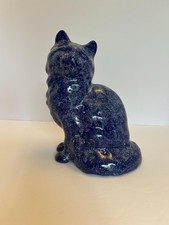 Vintage Speckled Cobalt Blue Pottery Cat Figurine, Handmade Studio Art Ceramic S picture