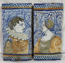 Antique Pair of Italian Castelli Majolica Terracotta Tiles Renaissance Figures picture