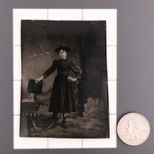 Antique CDV 6th Plate Tintype Photograph - Uniquely Dressed Victorian Lady #1219 picture