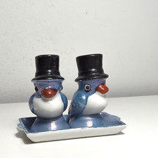 Vintage Chikaramachi Japan Blue Bird Salt Pepper Shaker Tray Lusterware Japanese picture