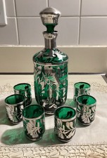 Vintage Green Italian Overlay Hand Blown Glass Set Decanter 6 Cordial Glasses  picture