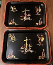 VTG MCM Tin Metal Serving TV Lap Tray Apothecary Alchemist Herbs SET OF 2 Black picture