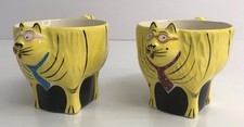 Vintage Yellow Cat Cups Hatton Signed Whimsical Tea Coffee Lot of 2 picture