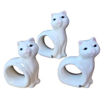 Vintage Katy's Country Charm Cat Kitty White Porcelain Napkin Ring Set Of 3 -EC picture