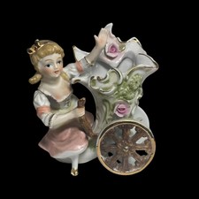Vintage L&M Japan Porcelain Woman Pulling Cornucopia Cart Vase Planter Figurine picture