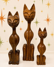 Vintage Hand Carved Solid Teak Wood Cat Sculpture Set of 3 Mid Century MCM picture