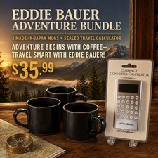 Vintage Eddie Bauer Travel Bundle – 3 Japan Mugs + Sealed Currency Calculator picture