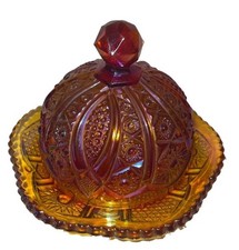 Nice Amber Iridescent  Carnival Glass Covered Dish w Lid Geometric Design Sunset picture