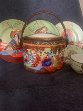 Vintage Satsuma Cracker Jar, 3 Dessert Plates and a Cup and Saucer picture