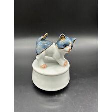 Vintage Otagiri Music Box Japan Kitty Cat Kitten Hand Painted Gold Blue Works picture